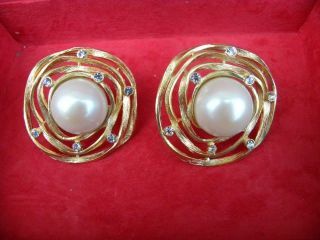 Pierre Balmain Gorgeous Huge Vintage Gold Vermeil Pearl & Faux Diamonds Earrings