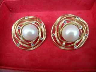 PIERRE BALMAIN GORGEOUS HUGE VINTAGE GOLD VERMEIL PEARL & FAUX DIAMONDS EARRINGS 3