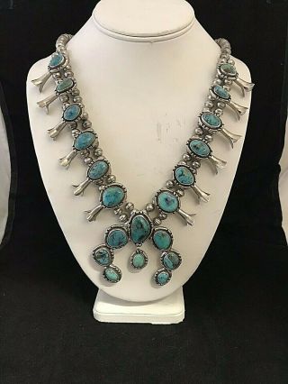 Vintage Sterling Silver And Turquoise Squash Blossom Necklace