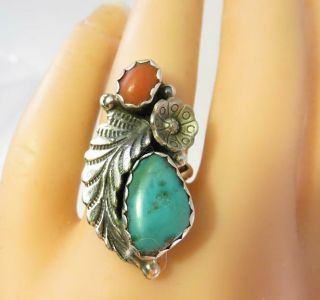 Ladies Old Pawn Navajo Vintage Turquoise Coral Sterling Ring Sz 8