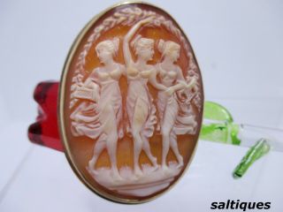 1800s Early 1900s 14k Gold 3 Three Graces Carved Shell Cameo Pendant Brooch