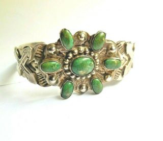 Vintage Desert Gem Sterling Silver & Green Turquoise Cuff Bracelet Flower Arrows