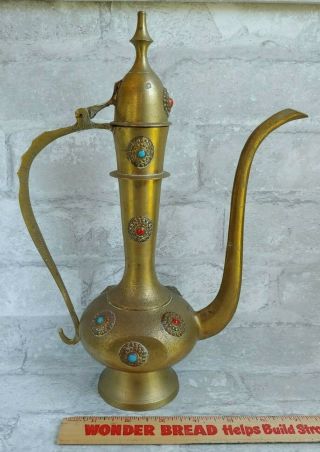 Vintage 11 " Brass Ornate Middle East Teapot Coffee Pot W Poured Glass Cabochons