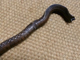 Vintage Hand Carved Ebony Wood Snake Walking Stick With Detailed Scale Pattern 2