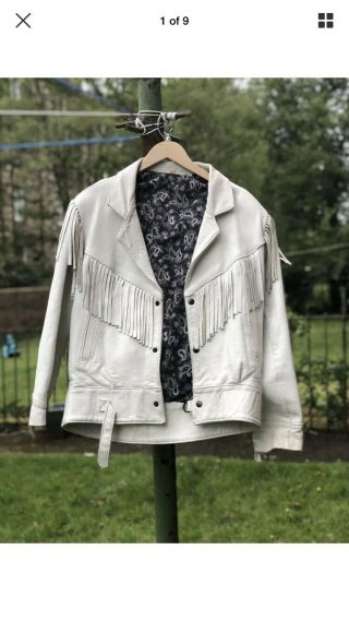 Vintage White Leather Fringe Jacket Size Medium