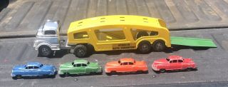 Vintage 1960’s Structo Auto Transport Trailer Pressed Steel Toy W/ Cars