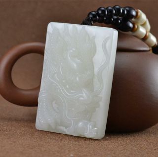 Natural White Hand - Carved Chinese Hetian Jade Pendant Dragon,  Rope Necklace