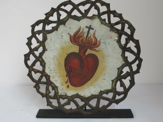 Antique 19th C.  Mexican Painting On Tin Crown Of Thorns And Sacred Heart