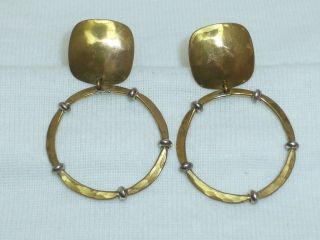 Vintage Marjorie Baer San Francisco Clip Hoop Earrings Hammered Brass Modernist