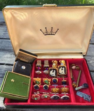 Men’s Jewelry Box With Misc Tie Clips Cuff Links Vintage 70s 14k Gold Nugget
