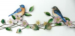 Vintage Bovano Of Cheshire Enamel Copper Wall Art Birds Flowers 25”x 6”