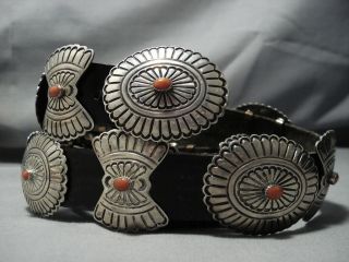 Important Vintage Navajo Mary Morgan Coral Sterling Silver Concho Belt Old