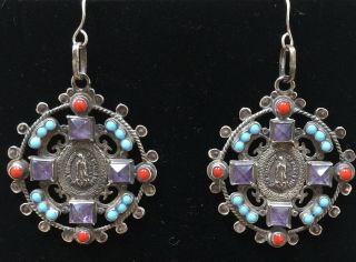 Vintage Matl Style Our Lady Of Guadalupe Sterling Silver Gemstone Earrings
