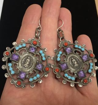 Vintage Matl Style Our Lady Of Guadalupe Sterling Silver Gemstone Earrings 2