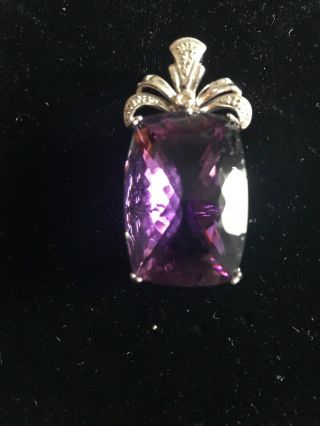 Huge Vintage 14k White Gold Emerald/Cushion Cut Amethyst & Diamond Pendant 10