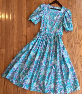 ⛵️ Laura Ashley Vtg Blue Short Slv Square Neck Floral Cotton Midi Tea Dress 14