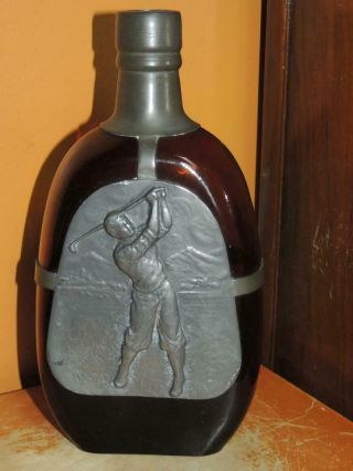 Amber Brown Glass Decanter 8 " Whisky Pewter Golf Golfer Bottle Vintage Antique