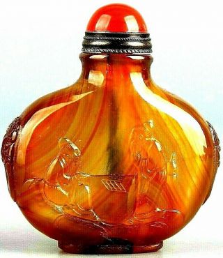 Very Rare 19th Century Chinese Craved Agate Stone Blue Coral Top Snuff Bottle