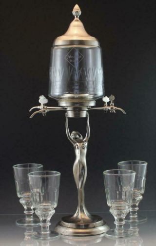 Vintage Absinthe Fountain Dispenser 4 Spout W/ Lady Figure & 4 Glasses