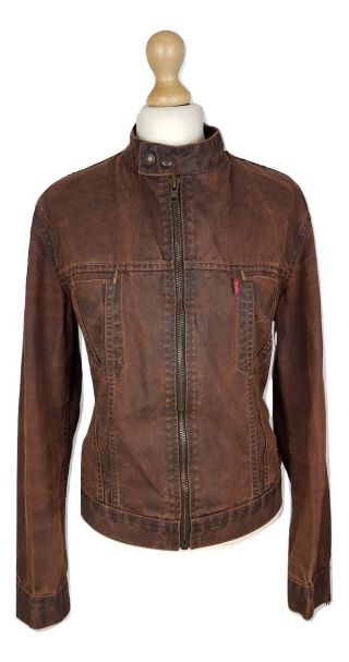Q297 Levis Ladies Short Biker Vintage Distressed Style Wax Cotton Jacket,  Small