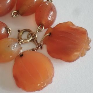 Antique Art Deco Chinese 14k Gold Carved Orange Jade Bead Dangle Charm Bracelet