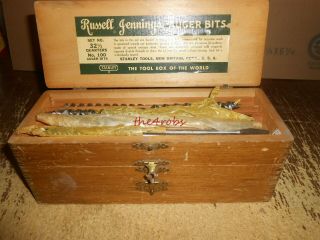 Vintage Russell Jennings Stanley Auger Bit Set In Wood Box Set No.  32 1/2 No.  100