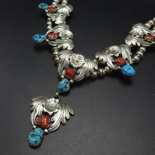 Vintage Zuni Sterling Silver Coral And Turquoise Squash Blossom Style Necklace