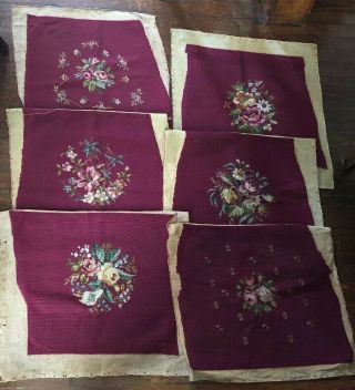 6 Vintage Floral Neddlepoint Blue Dining Chairs Seat Covers Wool Burgundy