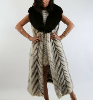 Vintage Unbranded Mink and Fox Fur Beige Sleeveless Long Vest Coat Size S 2