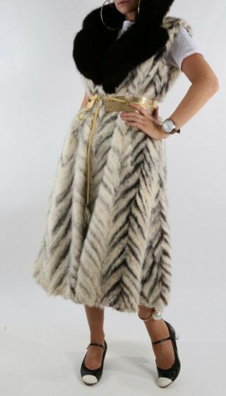 Vintage Unbranded Mink and Fox Fur Beige Sleeveless Long Vest Coat Size S 4