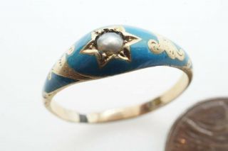 Antique English 15k Gold Enamel Pearl Ring C1870
