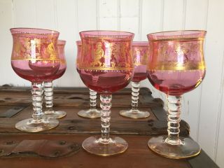Vintage Set Of Six German Cranberry Etched Wine Glass Goblets Gold Painting