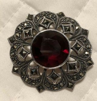 Stunning Vintage Sterling Silver Marcasite Faceted Red Crystal Brooch Pin