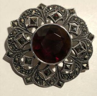 STUNNING VINTAGE STERLING SILVER MARCASITE FACETED RED CRYSTAL BROOCH PIN 2