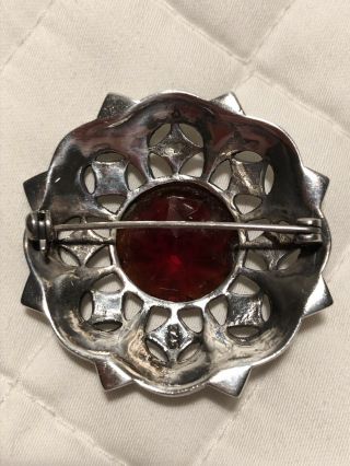 STUNNING VINTAGE STERLING SILVER MARCASITE FACETED RED CRYSTAL BROOCH PIN 3