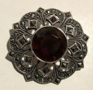 STUNNING VINTAGE STERLING SILVER MARCASITE FACETED RED CRYSTAL BROOCH PIN 5