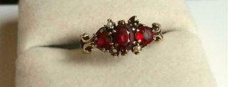 Antique 12k Yellow Gold 3 Stone Marquise Round Garnet Doublet & Seed Pearl Ring