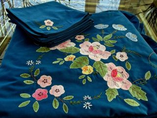 Vintage Peacock Blue Boho Banquet Tablecloth & Napkins Floral Applique 134 " L