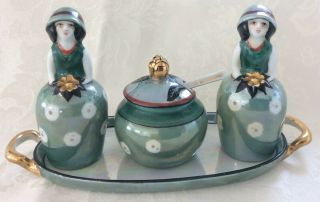 Vtg Hand Painted Noritake Luster Ware Set: Tray,  Shakers,  Mustard Jar,  Japan
