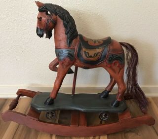 Vintage Hand Carved & Painted Wooden Carousel Rocking Horse
