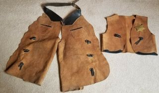Vintage Childs Leather Cowboy Chaps And Vest With Sheriff 