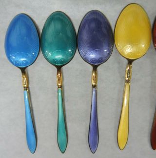 VTG SET/8 STERLING GUILLOCHE ENAMEL DEMITASSE SPOONS - DAVID ANDERSEN - NORWAY 5