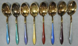 VTG SET/8 STERLING GUILLOCHE ENAMEL DEMITASSE SPOONS - DAVID ANDERSEN - NORWAY 8