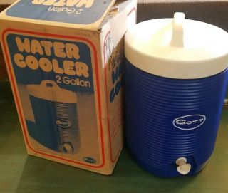 Nib Vintage 2 Gallon Gott Blue Water Cooler Food Tray Drinking Cup Faucet