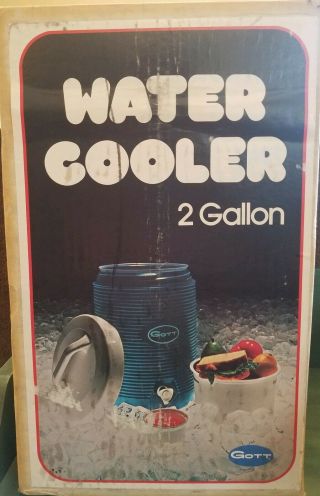 NIB Vintage 2 Gallon Gott Blue Water Cooler Food Tray Drinking Cup Faucet 8