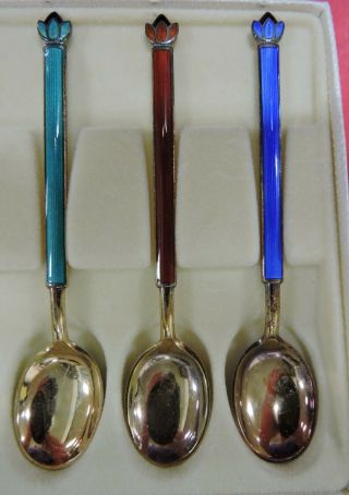 VTG SET/6 STERLING GUILLOCHE ENAMEL DEMITASSE SPOONS W/BOX - DAVID ANDERSEN - NORWAY 3