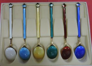 VTG SET/6 STERLING GUILLOCHE ENAMEL DEMITASSE SPOONS W/BOX - DAVID ANDERSEN - NORWAY 5