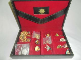 Vintage Masonic Eastern Star Jewelry Box Filled Tie Clasp Pins Bracelet Buttons