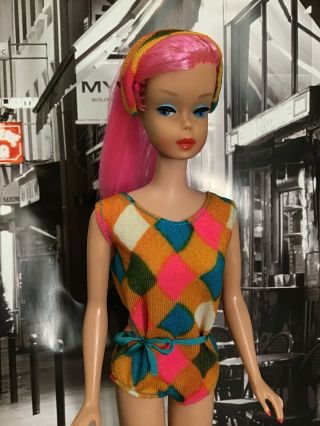 Ooak Minty Color Magic Vintage Barbie Pink Reroot With Swimsuit & Headband 3