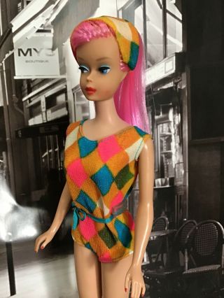 Ooak Minty Color Magic Vintage Barbie Pink Reroot With Swimsuit & Headband 4